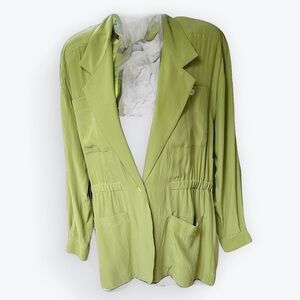 Olive Silk Hip-Length Jacket Blazer Vintage Shoulder Pads 80s/90s ~ Petite M